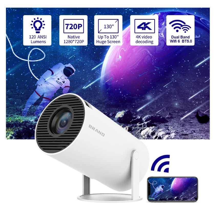 HY300 H713 Smart Mini Projector - Android 11, 720P, 4K, 160 ANSI, Dual Wi-Fi, Bluetooth 5.0, Portable Home Theater Solution